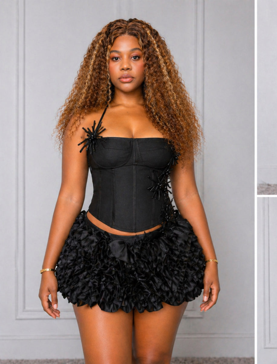 Black Lace-Up Corset Top & Ruffle Mini Skirt Set – St Zandas