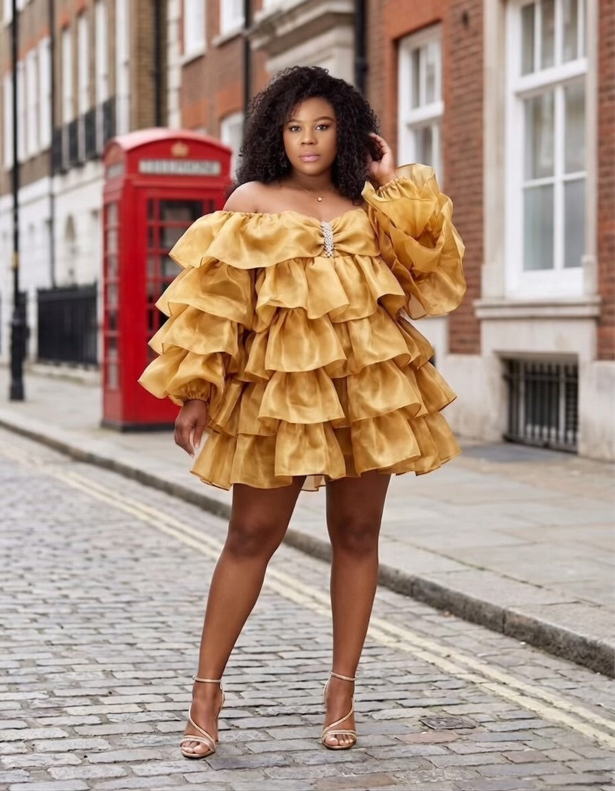Gold Off-Shoulder Tiered Ruffle Mini Dress – St Zandas