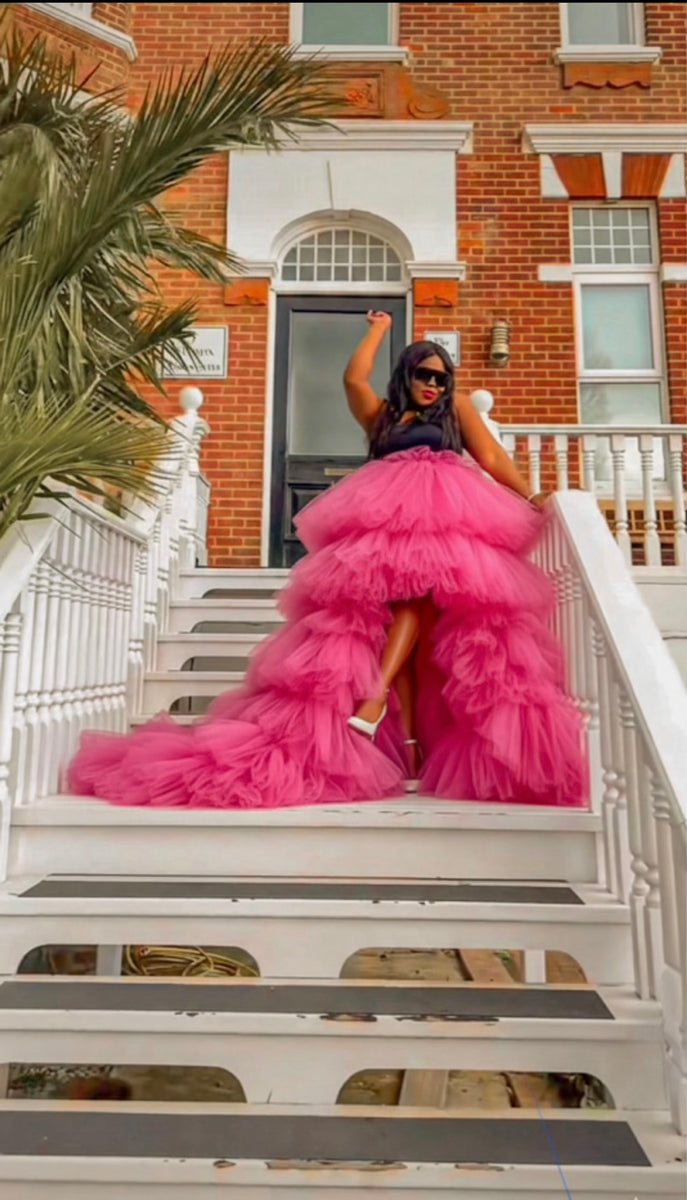 Fuchsia Asymmetric Couture Tulle Skirt with Extended Train – St Zandas