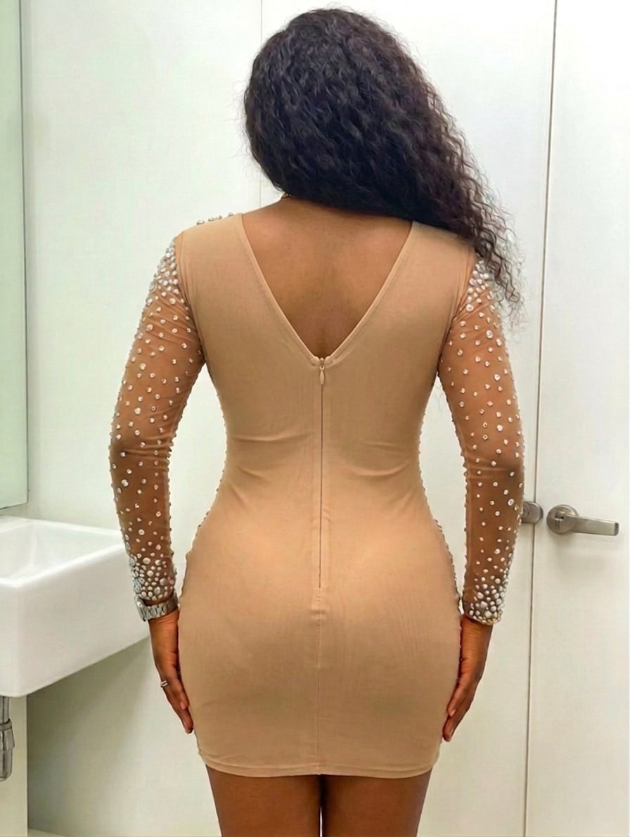 send nudes mesh dress Nude Mesh Off Shoulder Short Dress With Rhinestones