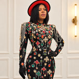 Black Jewelled Long Dress with Gloved Sleeves | St Zandas