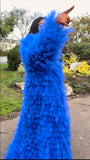 Cobalt Asymmetric Tiered Tulle Statement Coat with Train