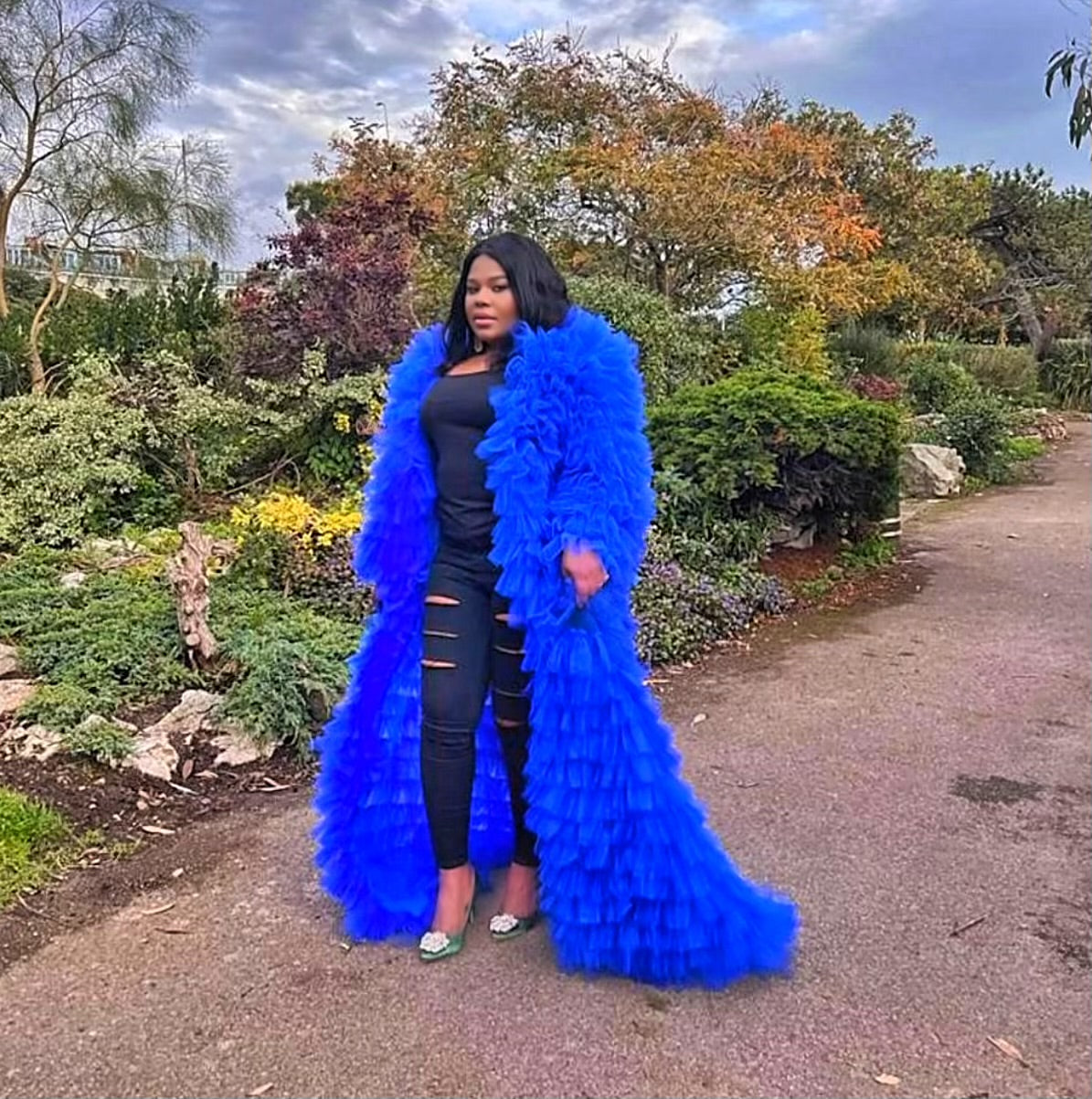 Cobalt Asymmetric Tiered Tulle Statement Coat with Train – St Zandas