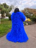 Bright Blue Asymmetric Tiered Tulle Statement Coat with Train Back