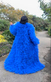 Cobalt Asymmetric Tiered Tulle Couture Coat with Train