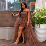 Chocolate Off-the-Shoulder Lace Corset High-Low Layered Tulle Gown