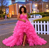 Pink Ruffle High-Low Evening Dress with Train – Rosabelle