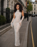 Luxury pearl beaded illusion evening gown front view with gloves elegant fitted dress