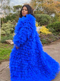 Cobalt Asymmetric Tiered Tulle Statement Coat with Train close shot