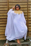 White flowing kaftan abaya with gold neckline detail