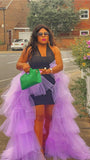 Amethyst purple detachable tiered tulle overlay skirt styled over mini dress for dramatic statement look
