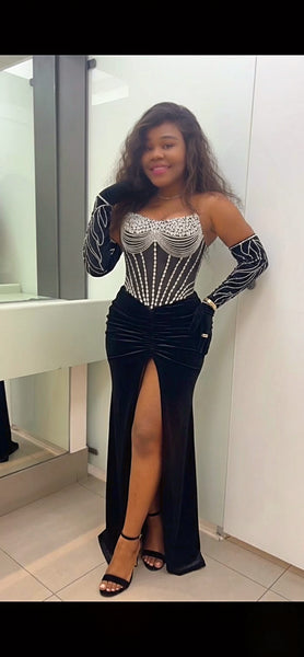Black Embellished Corset Velvet Gown with Thigh-High Slit & Gloves – St Zandas