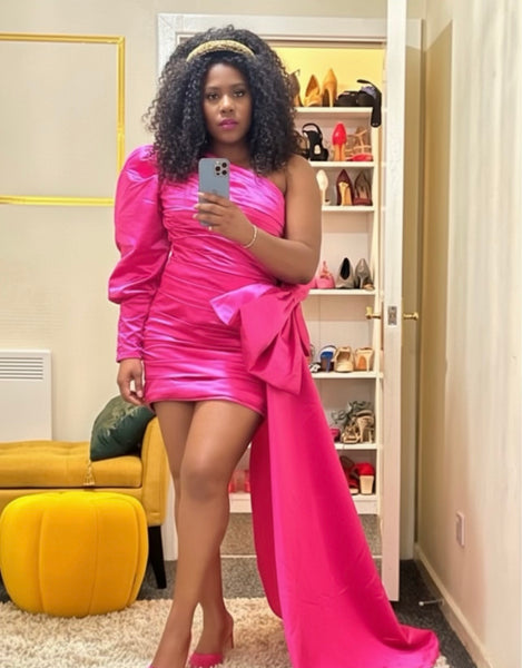 Fuchsia One-Shoulder Ruched Mini Satin Dress with Detachable Train St Zandas Fuchsia One-Shoulder Ruched Mini Satin Dress with Detachable Train St Zandas