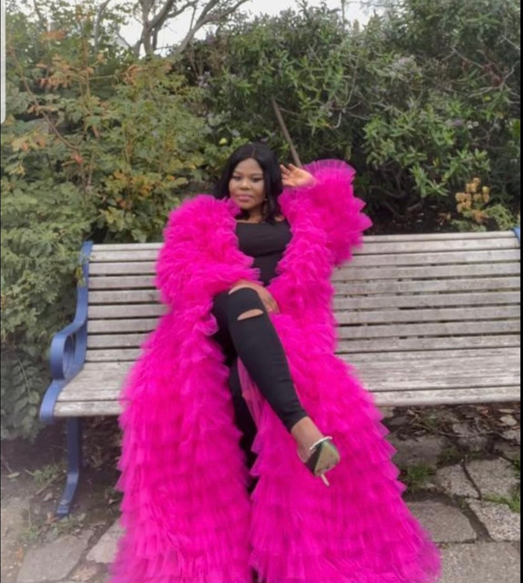 Fuchsia Reverie — Asymmetric Tiered Tulle Statement Coat with