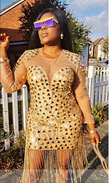 Gold Mirror Embellished Tassel Mini Dress with Sheer Mesh – St Zandas