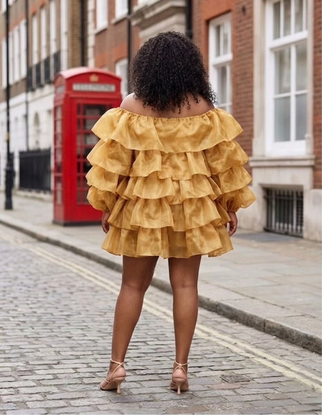 Gold Off-Shoulder Tiered Ruffle Mini Dress St Zandas Gold Off-Shoulder Tiered Ruffle Mini Dress St Zandas