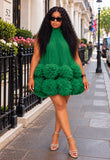 sheer high-neck dress with bodice and a voluminous fluffy ruffle skirt
