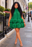 bright green sleeveless tulle dress with a voluminous fluffy tulle skirt