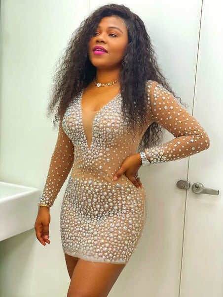 Nude Illusion Rhinestone Mesh Mini Dress – St Zandas