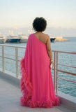Elegant hot pink feather trim evening dress flowing one shoulder maxi gown