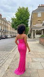 Back view of pink sequin spaghetti strap bodycon maxi evening dress