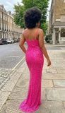 Back view of pink sequin spaghetti strap bodycon maxi dress with pearl details