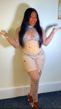 Nude illusion rhinestone embellished bodysuit set with long sleeves and fitted silhouette