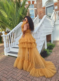 One-Shoulder High-Low Tulle Top - Gold