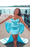 "Azure Bow" Strapless Mini Dress with Detachable Train
