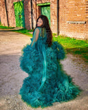 Tiered Tulle Robe - Elegant Sheer Maternity Gown - Hunter Green