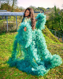 Tiered Tulle Robe - Elegant Sheer Maternity Gown - Hunter Green