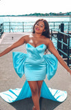 "Azure Bow" Strapless Mini Dress with Detachable Train