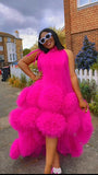 Hot Pink Tulle High-Low Pom-Pom Statement Dress