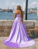 Lavender Satin Strapless Mini Dress with Detachable Overskirt Train