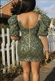 Emerald Green Sequin Sweetheart Neck Mini Dress with Sheer Sleeves