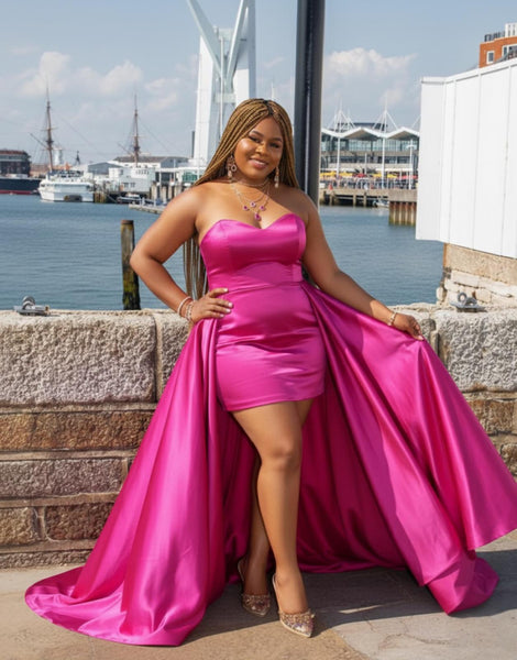 Hot Pink Satin Strapless Mini Dress with Detachable Overskirt Train St Zandas Hot Pink Satin Strapless Mini Dress with Detachable Overskirt Train St Zandas