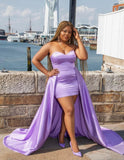 Lavender Satin Strapless Mini Dress with Detachable Overskirt Train