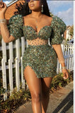 Emerald Green Sequin Sweetheart Neck Mini Dress with Sheer Sleeves