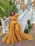 One-Shoulder High-Low Tulle Top - Gold