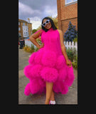 Hot Pink Tulle High-Low Pom-Pom Statement Dress