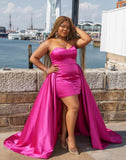 Hot Pink Satin Strapless Mini Dress with Detachable Overskirt Train