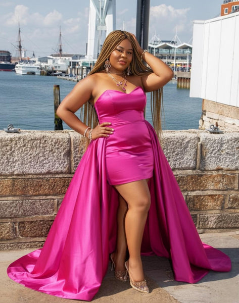 Hot Pink Satin Strapless Mini Dress with Detachable Overskirt Train โ St Zandas