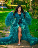 Tiered Tulle Robe - Elegant Sheer Maternity Gown - Hunter Green