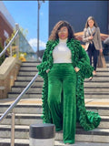 Velvet ruffle duster coat and tailored pants set luxury two piece outfit for women