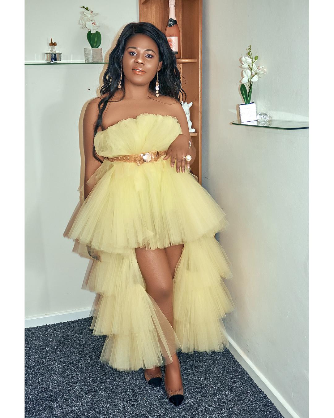 HIGH WAISTED BOTTOM RUFFLED TULLE MIDI SKIRT (YELLOW)